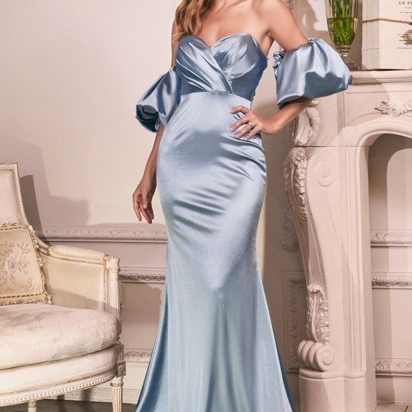 NEW LONG PARIS BLUE SATIN STRETCH MERMAID DRESS WITH PUFF SLEEVES AND ZIP CD983C - Picture 8 of 8